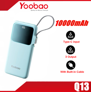 YOOBAO Q13 10000mAh Portable Power Bank with Built-in Type-C Cable PD20W Fast Charging and Big Display Screen