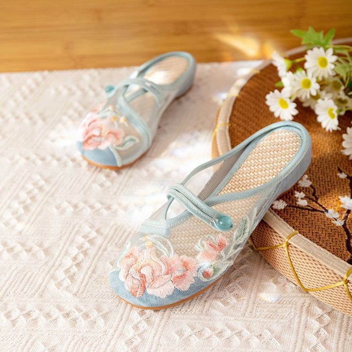 Flat Shoes Women Chinese Style Satin Cotton Embroidered Ladies Mules  Slippers Pearls Summer Retro Female Slide Shoes Lazada PH