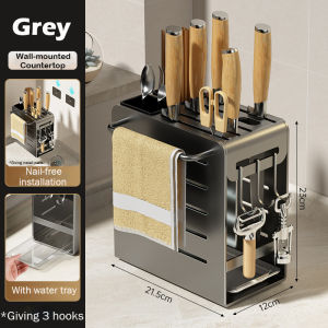 304 Stainless Steel Knife Rack with Draining Tray Household Kitchen Multi-Grid Knife Chopsticks Dual-use Holder Kitchen Wall hanging Countertop Supplies