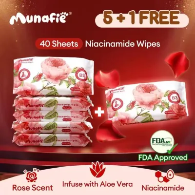 (6packs) Munafie Rose Scented Niacinamide Cleansing Wipes Alcohol Free Wet Wipes 40Sheets