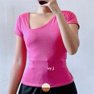 RAIHLY FULL LENGTH TOP DOUBLE LINING FRONT ONE SIDE NOTCHED Womenswear Lady Plain Comfortable Short Sleeve Basic Cotton Spandex Fit Casual Black