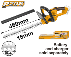 INGCO เครื่องตัดแต่ง กิ่งไม้ พุ่มไม้ไร้สาย แบตเตอรี่ลิเธียมไออน 20V รุ่น CHTLI20018 (เครื่องเปล่า) และชุดแบตเตอร์รี่และที่ชาร์จ
