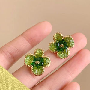 Fashionable Ring Gift 春色撩显白小清新绿叶法式高级感耳钉绿色花朵女耳环气质百搭爆款
