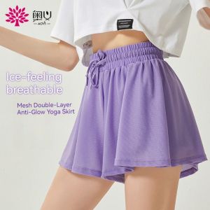 Aoyi Sports Shorts Womens Fake Two Pieces Anti-lighting Yoga Skirt Running Tennis Badminton Pleated White Skirt Summer