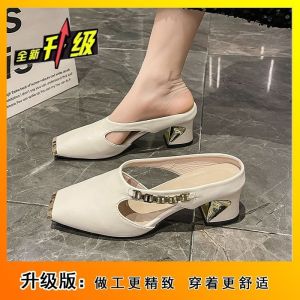 [Free Shipping] Mid-Heel Casual Slip-On Sandals With A Closed-Toe Design A New Summer Fashion Trend Featuring A Metallic Square-Toe Half-Sandal Style For Women