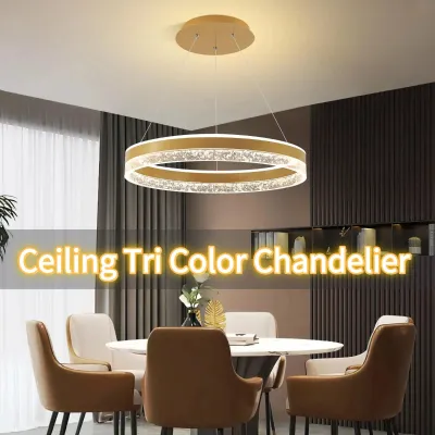 AceDeal [Support Lalamove Bulk Orders] Diameter 50cm High Bright Pendant Light Crystal TriColor Remote Control Chandelier Simple Design Restaurant Droplight Northern Europe Modern Ceiling Light Living Room Bedroom Home Decoration