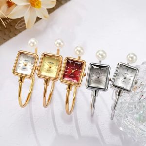 IFFINE Dây đeo ngọc trai Đồng hồ đeo tay Vòng tay mở đồng hồ vuông Đồng hồ đeo tay nữ Thời trang Đồng hồ đeo tay đính ngọc trai Phụ nữ