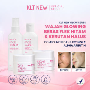 KLT NEW GLOW SERIES – Paket Skincare Pencerah & Anti Aging Wajah Cerah Glowing dan Lembap Bercahaya – Retinol Alpha Arbutin – Face Wash Toner Day & Night Cream