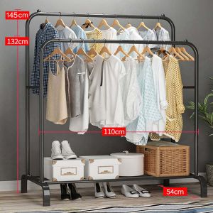 ราวตากผ้า ราวแขวนผ้าบาร์คู่ สไตล์มินิมอล พร้อมชั้นวางของ วางรองเท้า โครงเหล็ก รองรับน้ำหนัก 20 kg พร้อมส่ง E13 E14
