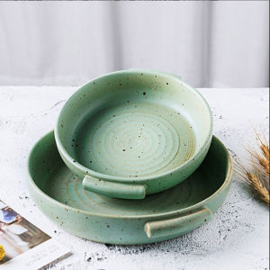 OMK ภาชนะดินเผาผิวหยาบถาดลึกสไตล์วินเทจทำด้วยมือจานเซรามิกชามพร้อมที่จับ