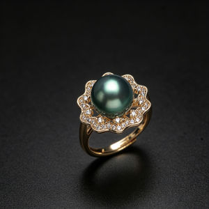 Vintage Lace-Embellished Diamond-Studded Large Pearl Ring for Women Luxurious and Elegant Shell Pearl Adjustable Ring Gift for Mom or Elderly