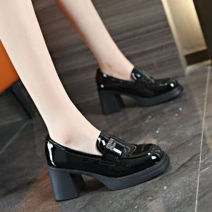 guibai Square toe fashionable womens shoes versatile high-heeled shoes casual thick-heeled leather shoes
