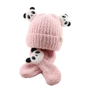 Autumn Winter Panda Hat Scarf Baby Two-pieces Set Thickened Warm Neckerchief & Matching Bonnet Cap Windproof Essential