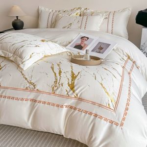 Bedding four-piece set Light luxury washed ice silk skin-friendly four-piece set Embroidery quilt cover Sheet bedding four-piece set (bed sheet * 1 quilt cover * 1 pillowcase * 2)