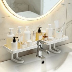 LIUJIR No Drill Bathroom Storage Rack Plastic Simple Bathroom Sink Shelf Universal Quick Drainage Faucet Storage Shelf for Kitchen