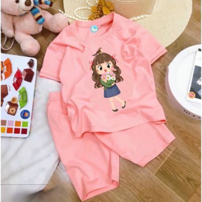 Bộ đồ bé gái  quần lửng in hình cô gái hoa chất vải co giãn 4 chiều cho bé từ 8kg đến 25kg