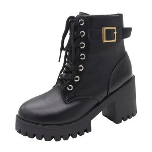 Size 35-42 Womens Fashion Coarse Heel Shoes British Black Martin Boots High Heel Mid Length Boots