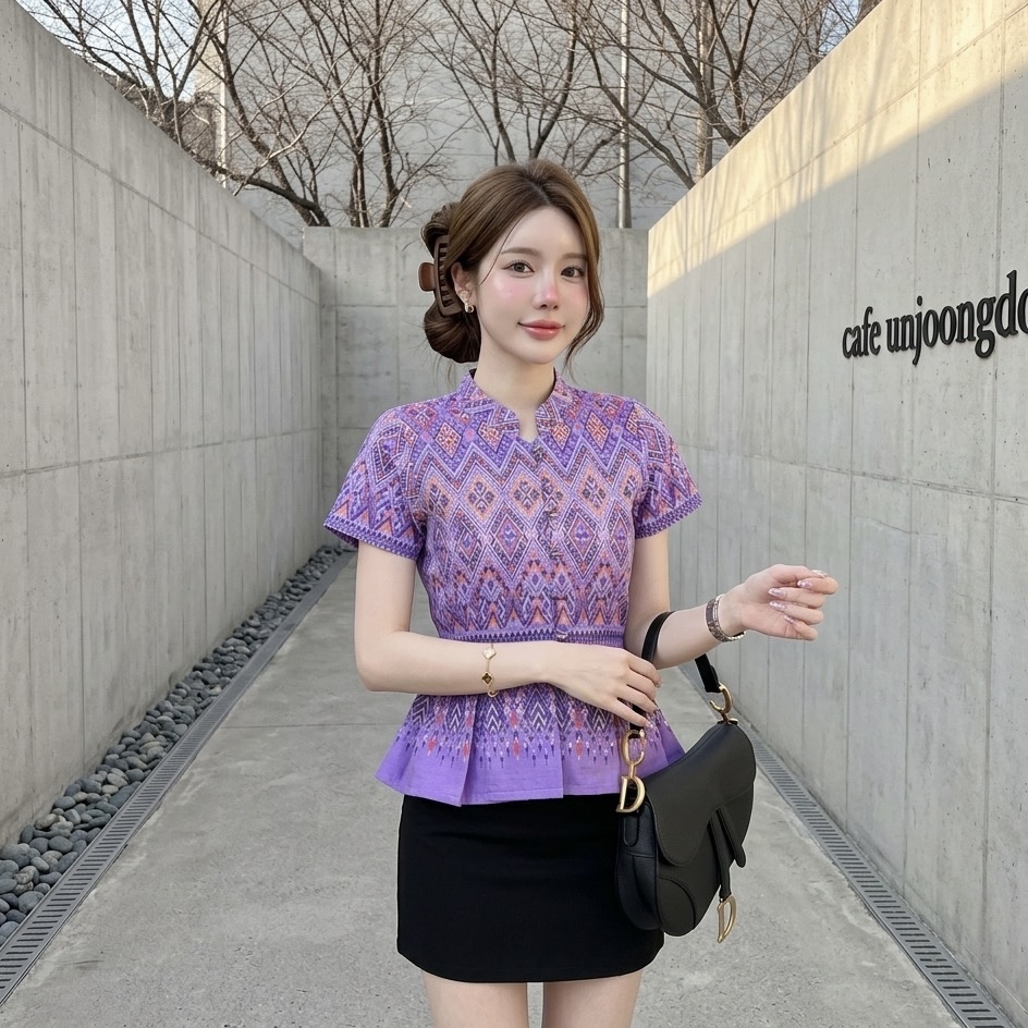 LANNA เสื้อคอจีนระบายเอวเข้ารูป ผ้าฝ้ายพิมพ์ลายสวย ใส่ทำงานสุภาพ ไซส์S-XXL มุมมองที่ 7