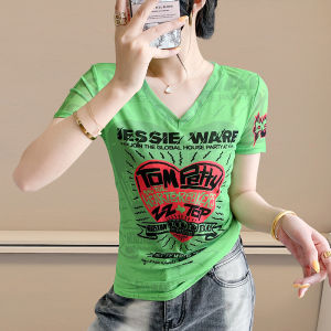 Yimei kích thước lớn Mùa Xuân/Mùa Hè mẹ trang phục thời trang lưới in hoa định vị T-shirt tay ngắn v-cổ ôm vừa và áo phong cách cho phụ nữ