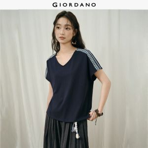 Giordano Women 100% cotton ethnic straps short sleeve tee Free Shipping 18326229