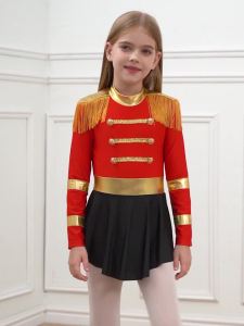 Kids Girls Circus Ringmaster Costume Long Sleeve Keyhole Back Fringe Epaulet Leotard Bodysuit Lion Tamer Showman for Carnival2026