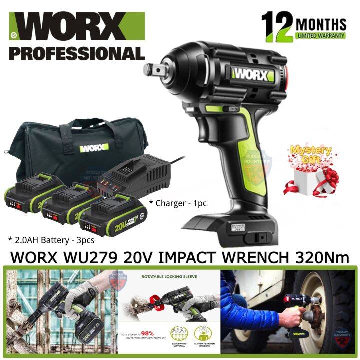 WORX 20V WU279 Cordless 1 2 Impact Wrench 320NM BRUSHLESS 3x 2.0