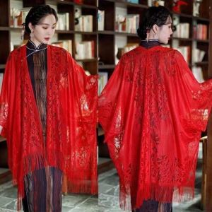 MISSUP Long Cloak Lace Cardigan Pure Color Thin Cotton Linen Hollow Out Shawl Versatile Stylish Tassel Drape Beach Scarf Spring Summer