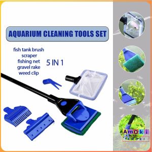 Amoki 5 In 1 Fish Tank Cleaning Kit Algae Scraper Fish Net Sponge Plant Fork Gravel Rake