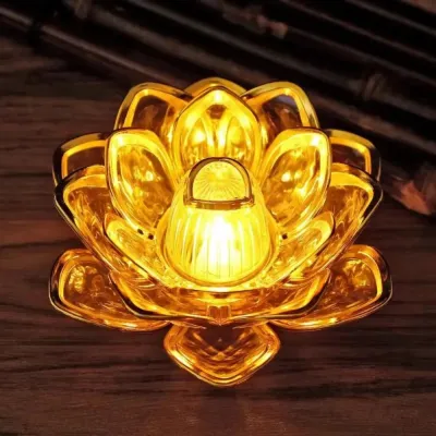 MINOA Realistic Flicker LED Flameless Candle Soft LED Light Source Lotus Outline Design LED Lotus Lamp Peaceful Cozy Portable Size Lotus Candle Lamp Altar Worship
