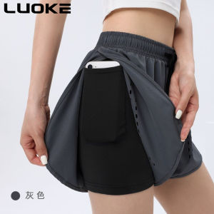 Luoke Womens sports shorts laser punched anti glare yoga pants outdoor casual running quick drying fitness double-layer shorts with pockets
