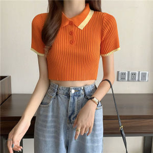 CORE T-shirt Thin Summer Sweet Polo Collar Short-sleeved Knitted Sweater Top Women