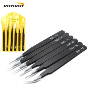 PHYHOO 6Pcs ESD Anti-Static Precision Tweezers Set Stainless Steel Industrial Tweezers for Electronics Repair Home DIY Maintenance