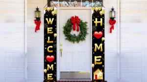 Welcome Home Door Banner Decoration Black Gold Welcome Back Home Porch Banner for Outdoor Military Homecoming Deployment Returning Party Supplies