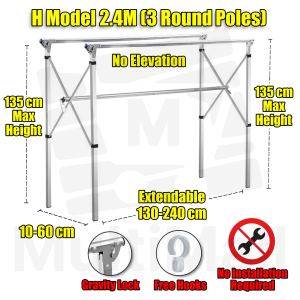H Model 2.4m [3 Poles No Wheel] Stainless Steel Extendable Laundry Drying Rack| Foldable Laundry Rack| Drying Rack| Laundry| Laundry Organiser| Drying Rack clothes| Drying clothe Folding| Cloth Laundry Drying Rack Retractable| Space Saving storage