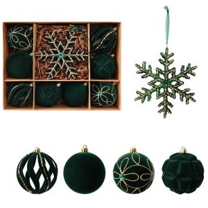 MQU19 10Pcs Snowflake Velvet Christmas Ball Set Glitter Plastic Flocked Ball Gift Box Creative Hollow Out Christmas Tree Decor Balls Living Room