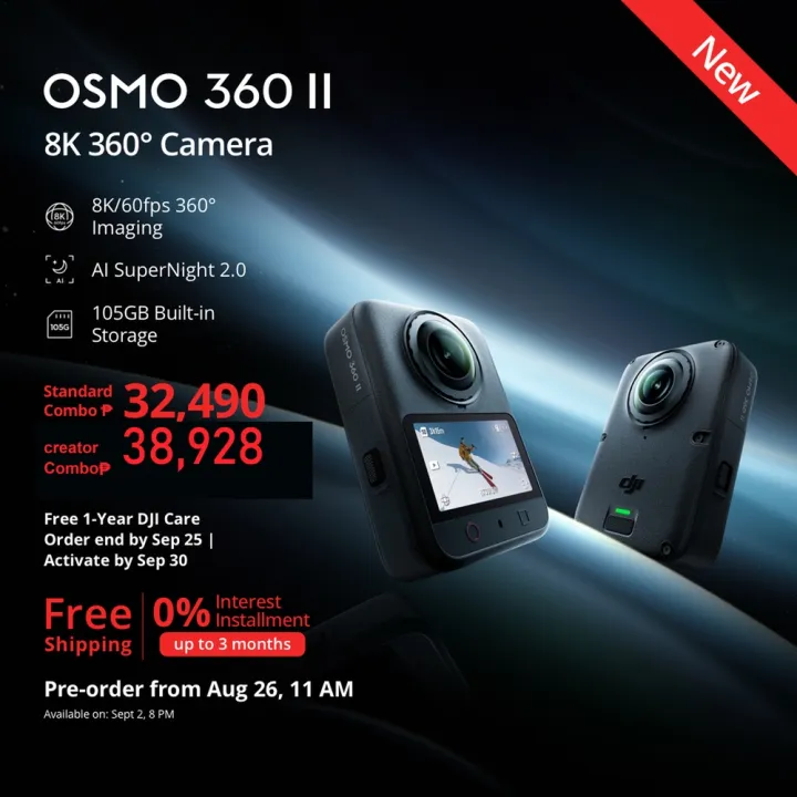 【New Arrival】DJI Osmo 360 II, 8K 360° Camera | 1-Inch 8K/60fps HDR 360° Imaging, AI SuperNight 2.0, 105GB Built-in Storage | Pre-order Aug 26, 11 AM | Lazada Philippines