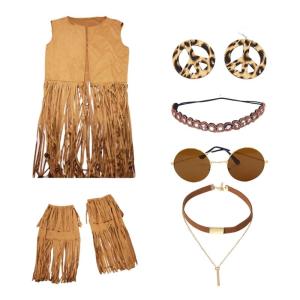60s 70s Outfits for Women Hippie Costume Clothes Set Woman 70s Cowgirl Costume Fringe Hippie Vest Top Sunglass Earrings