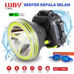Senter Kepala Selam 60W Luby L-1816L Gratis Kacamata Selam | Headlamp Diving Cahaya Putih Super Terang Baterai Lithium 4800mAh Tahan Hingga 16Jam Kedalaman 20 Meter