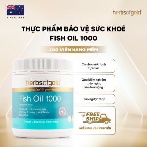 Viên Uống Dầu Cá Herbs of Gold Fish Oil 1000 - Omega-3 Tốt Cho Tim Mạch & Não Bộ - Lọ 200 Viên