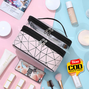 [Bisa COD] Tas Kosmetik Make Up Travel Wanita / Tas Make Up Waterproof Motif Garis / Pouch Make Up Wash Bag Cewek / Washbag Organizer / Dompet Kosmetik Toiletry Besar Transparan Model Korea Anti Air Bening Import Murah