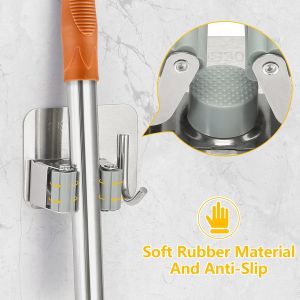 Stainless Steel Self Adhesive Mop Holder with HookBroom Hanger Wall Mountfor Laundry RoomBathroomGarageKitchen