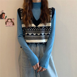 IELGY diamond knitted vest new sweater womens pullover V-neck college style contrast color sleeveless vest