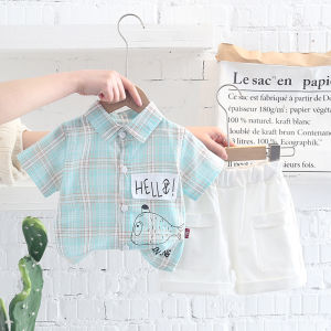 Setelan Anak Laki-Laki Usia 6 Bulan - 5 Tahun Kemeja Lengan Pendek Motif Kotak Print Ikan Kartun Celana Pendek Polos Pinggang Karet Bahan Katun Lembut Pakaian Harian Anak Cowok