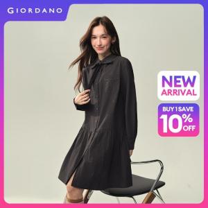 GIORDANO Women Dresses Detachable Ribbon Collar Gingham Dresses Long Sleeve Preppy Fashionable Casual Short Dresses 18466320