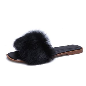 FE Womens Rabbit Fur Slippers 2024 Summer New Korean Fashion Wool Sleeper Casual Internet Celebrity Flat Womens Shoes