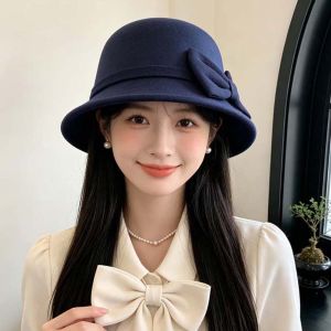 GOOD STUFF Korean Style Winter Woolen Hat Soft Felt Warm Fleece Vintage Fedora Cap Bowknot Top Hat Cute Bow Elegant Bucket Hat Elegant Women