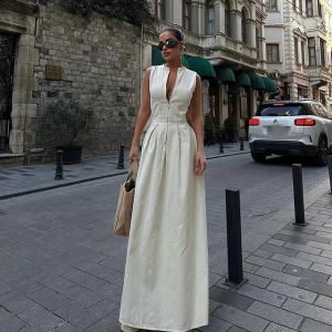 Summer Women Solid Zipper Pocket Long Vestidos Elegant Off Shoulder O-neck Pleated High Waist Dress Female Chic Casual Robe