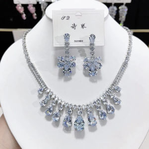 Pink Pendant Waterdrop Necklace Earrings For Women Engagement Trendy Fashion Jewelry Set Bridal Wedding Choker Party Accessories