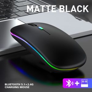 Mouse Gaming Wireless RGB LED Rechargeable 2.4G & Bluetooth 5.1 Tahan Air - Desain Tengger - Warna Hitam Matte/Pink Gold