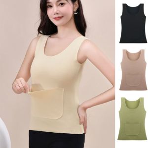 WININ Double Pockets Thermal Underwear Camisole Traceless Sleeveless Thermal Tops  Round Neck Women Thermal Underwear Vest Autumn Winter